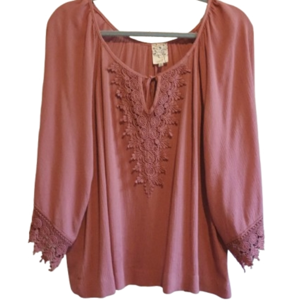 Naif Women’s Large Boho Peasant Top Dusty Mauve Lace Trim 3/4 Sleeve